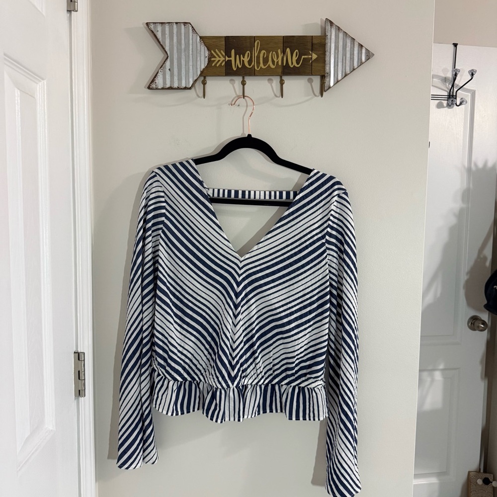 Express Navy and White Striped V-Neck Peplum Top Size Medium
